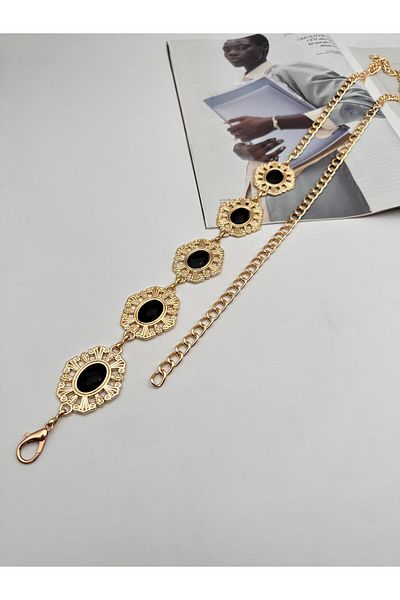 Desre Moda Black Stone Detailed Gold Chain Belt Dress Belt Shirt Belt Jacket Belt