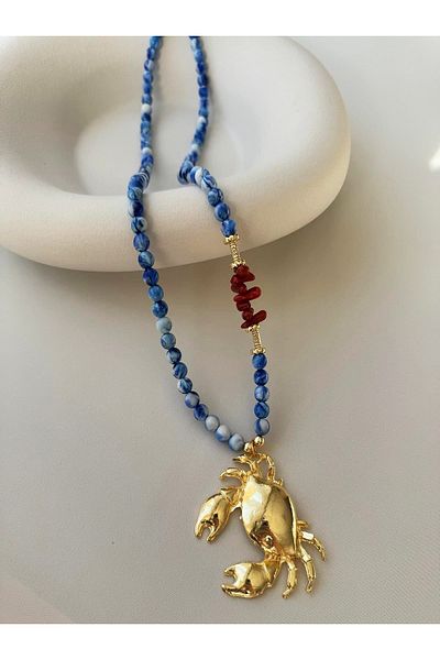 mos&more Elegant Beach Necklace with Long Navy Blue Beaded Crab Charm