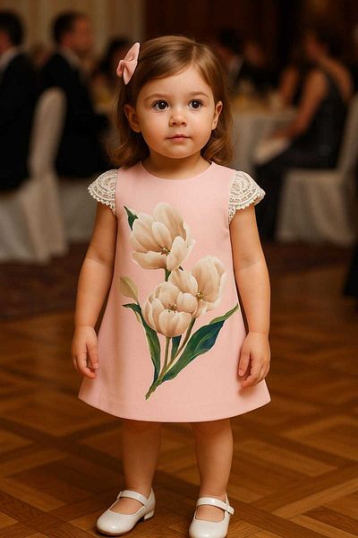 GAMZEAKKUŞ Lace Sleeves Flower Printed Evening Dress Children's Dress