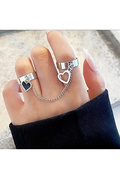 SNGL ACCESSORİES خاتم مزدوج بتفاصيل سلسلة – نموذج قابل للتعديل مع شكل قلب ورقائق