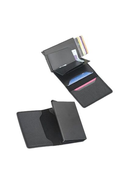 OEM Premium Trifold Aluminum Alloy and PU Leather Card Wallet with RFID Blocking - Black