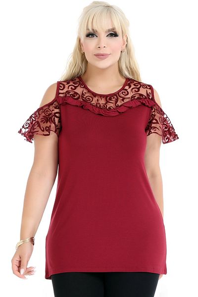 Kheos Round Toe Short Flounced Sleeve Bust Ruffled Bust and Sleeve Tulle Comfortable Fit Stretchy Plus Size Blouse