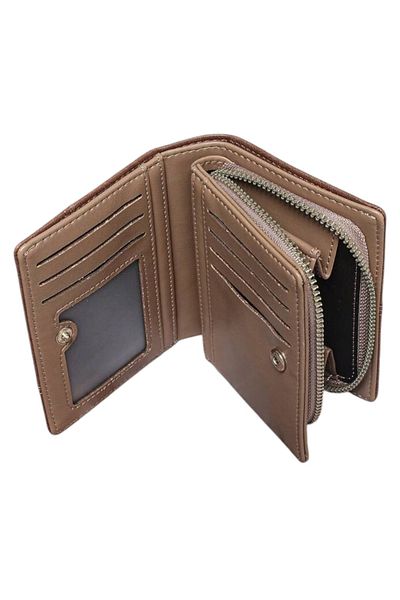 OEM Men's Leather Wallet, Double Bifold with Zipper, Decorative Stitching - Brown