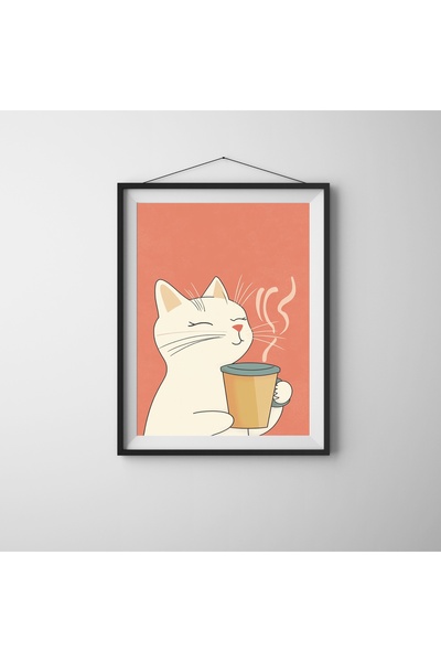 Tutti Kedi ve Kahve Aşkı – Duvar Posteri, Minimal Sanat Baskı, Tablo
