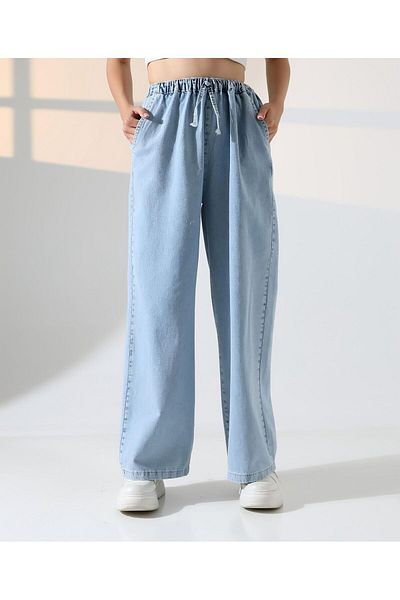 SEFUR Women's Snow Washed Elastic Waist Comfortable Fit Wide Leg Blue Jean Soft Denim Trousers with Pockets