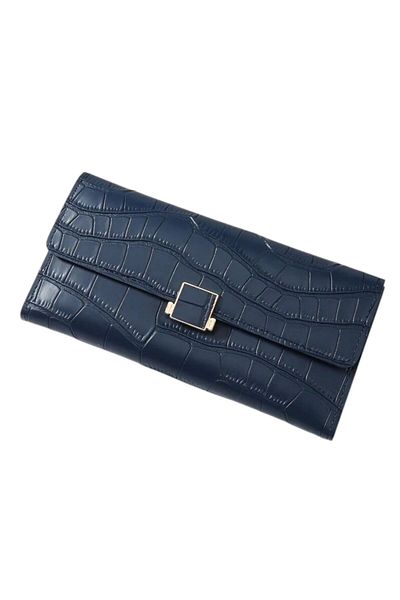 OEM Portofel lung trifold pentru femei, design crocodil in relief, piele PU, - Abastru