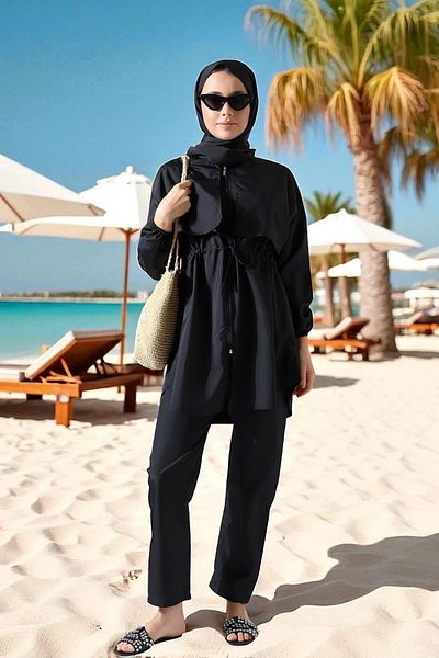 Aselim Hijap Moda 3-Piece Black Hijab Swimsuit Set – Shawl, Tunic and Pants |   Quick Dry |   Size 38-44