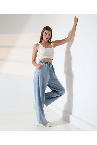 SEFUR Women's Snow Washed Elastic Waist Comfortable Fit Wide Leg Blue Jean Soft Denim Trousers with Pockets
