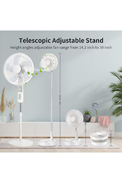 OEM Portable folding fan, White, 4 adjustable speeds, 7200mAh, adjustable height 36cm-100cm, USB