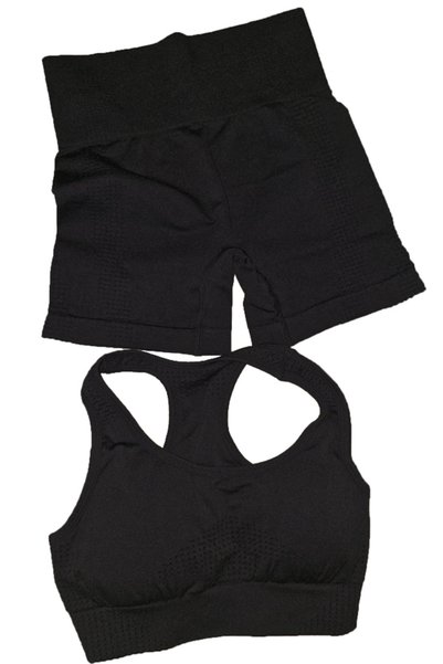 OEM Set 2 Piese Fitness, Colanti Scurti Top Cu Push Up Si Burete Detasabil, Negru