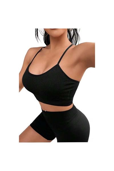 OEM 2 Piece Fitness Set, Backless Top, Push Up Leggings, Black