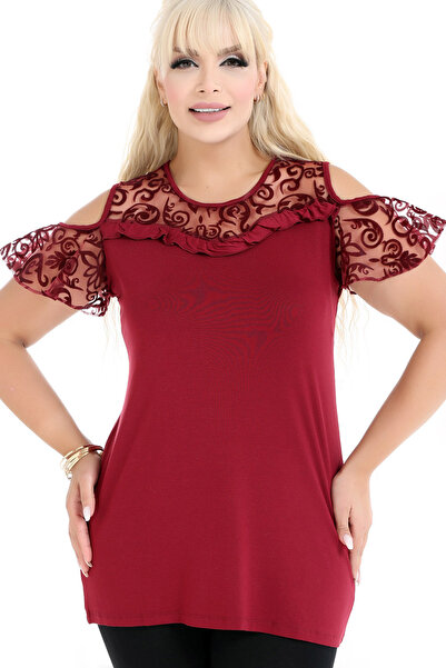 Kheos Round Toe Short Flounced Sleeve Bust Ruffled Bust and Sleeve Tulle Comfortable Fit Stretchy Plus Size Blouse