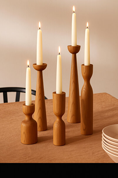 mebaconcept 5'li Tik Rengi Ahşap Şamdan Seti 11cm-14cm-18cm-20cm-25cm El Yapı...