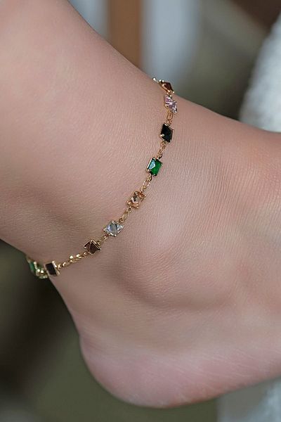 ÖZÜM TAKI Women's Colorful Stone Heart Detail Ankle Bracelet