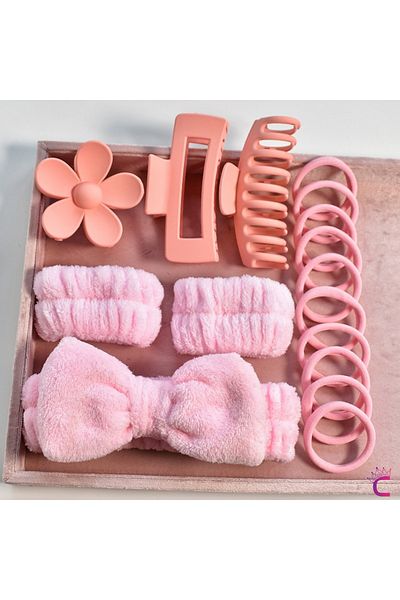 Cinderella 16Pcs Soft Towel Hair Band and Wristband Makeup Practice Set Pink - Women's Skin Care Hair Clip