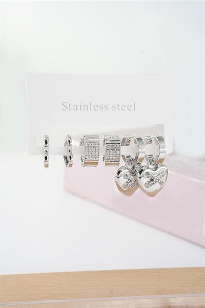 By Zeyna Aksesuar Women's Vip Series Baguette Zircon Stone Heart Model Clip-On Set of 6 Earrings
