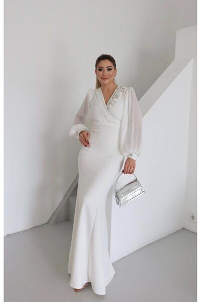 Monchoix Kadın Kruvaze Sim Detaylı Kolları ve Göğüs Çaprazı Şifonlu Tam Boy Abiye Elbise