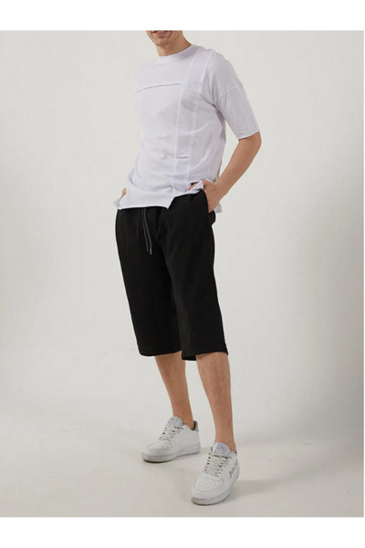 DEEPSENCE Erkek Siyah Diz Altı Uzun Penye Şort & Bermuda Kapri Yazlık Pamuklu Slim Fit Baskılı