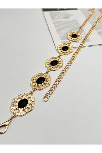 MODAM HİFA Black Stone Chain Belt Women's Belt Dress Belt Shirt Belt Coat Belt Pants Belt