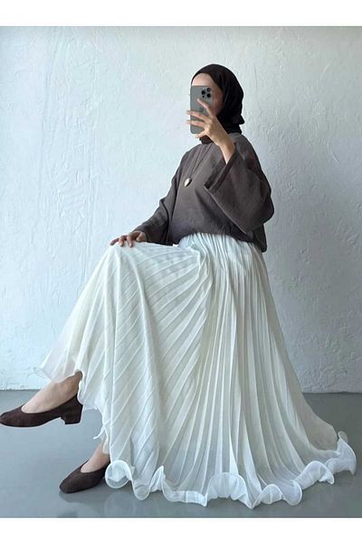 MissPul Belted Flounced Lined Long Pleated Chiffon Skirt