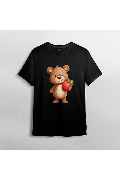 Pixxa Cute Bear and Strawberry Unisex 100% Cotton Crew Neck T-Shirt