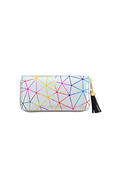OEM Long wallet for women, PU leather, minimalist, geometric with zipper - Silver/Multicolor