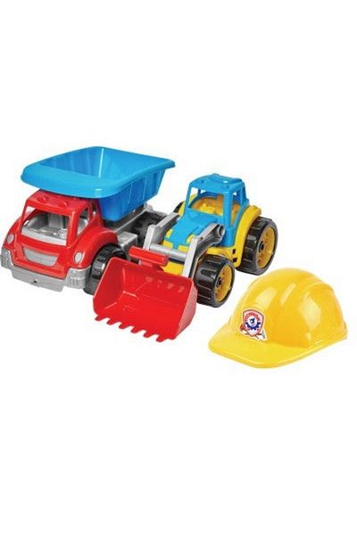 Divendi Set de joacă pentru copii cu utilaje de construcții, basculantă, excavator și cască de protecție