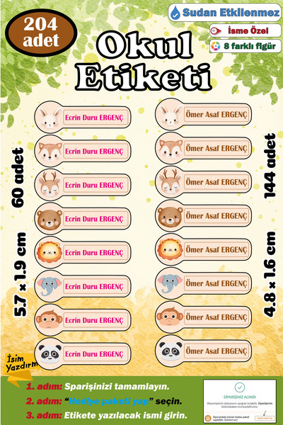GSticker Kişiye İsme Özel Okul Etiketi İsim Etiketi Kalem Defter Etiketi Stic...