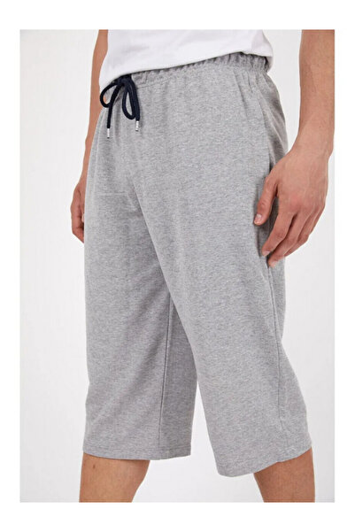 DEEPSENCE Erkek Gri Diz Altı Uzun Penye Şort & Bermuda Kapri Yazlık Pamuklu Slim Fit Baskılı