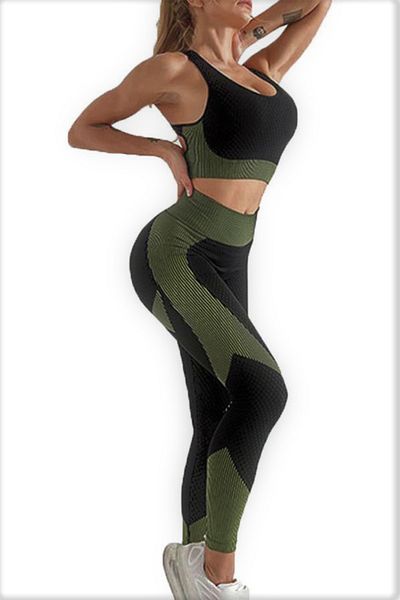 OEM 3 Piece Fitness Set - Leggings, Bustier, Long Sleeve Zipper Top, Black With Green