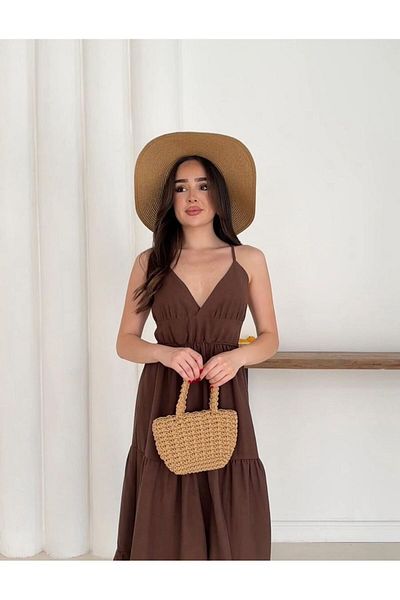 OTAKU Rochie de vară din in, cu bretele subțiri, cu decolteu în V