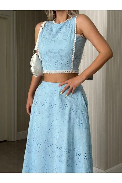 ZTO Women's Brode Fabric Lace Detail Lined Skirt Bluz Double Set