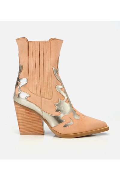 Hotiç Women's Suede Leather Beige Western Heeled Boots