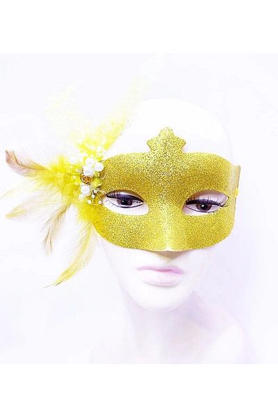 PRATİKOBA Glitter Embroidered Pearl Bead Detailed Feathered Ball Mask Gold Color 13x18 Cm