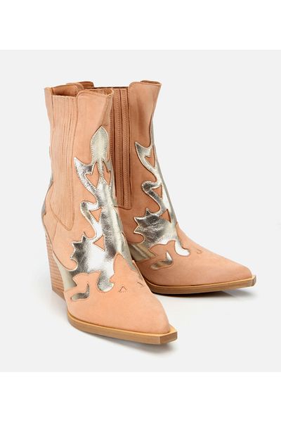 Hotiç Women's Suede Leather Beige Western Heeled Boots