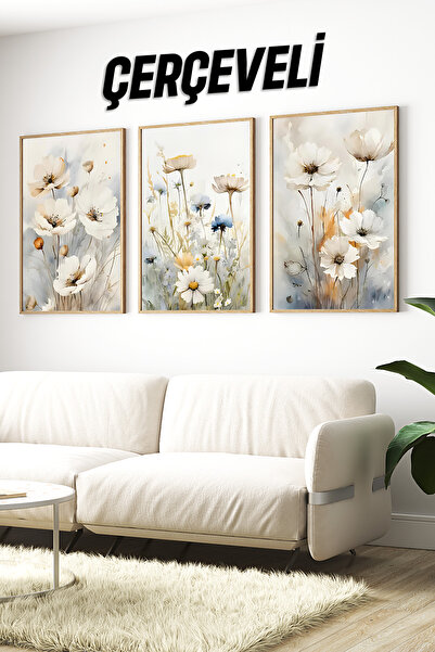 kutuTR 🌸 Suluboya Tarzı Vahşi Çiçekler Temalı 3’lü Ahşap Çerçeveli Tablo Set...