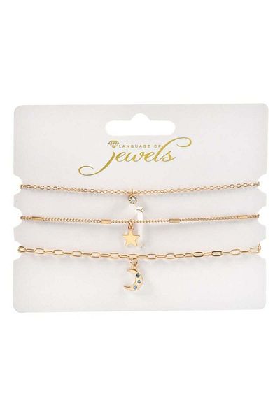 OEM Set of 3 Women's Bracelets with Rhinestones Moon Star, Gold