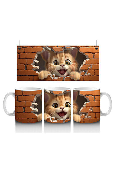 Wisdom Rain قطة سعيدة تنظر من خلال جدار من الطوب - كوب قهوة مطبوع