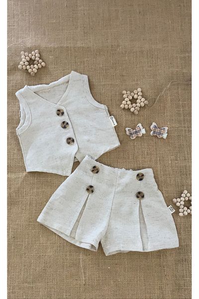 Balbadem baby kids Button Cream Vest Shorts Suit with Buckle Linen Fabric 3-6/12-18 Months