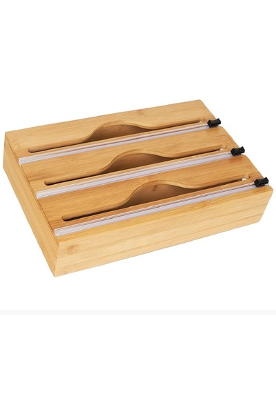 Bundeba 3 Bölmeli Alimunyum Folyo Streç Kesici Folyoluk Streçlik Organizer %100 Doğal Bambu