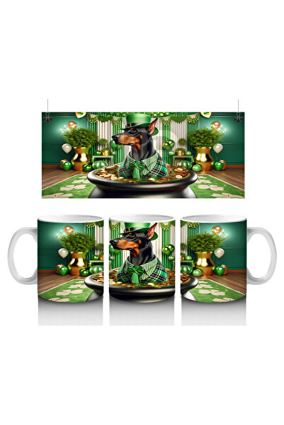 Wisdom Rain سانت باتريك دوبرمان يجلس في وعاء مليء بالذهب - كوب قهوة مطبوع