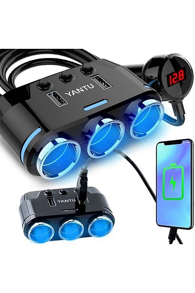 OEM Car cigarette lighter socket multiplier adapter with 3 outlets, Voltmeter - Black