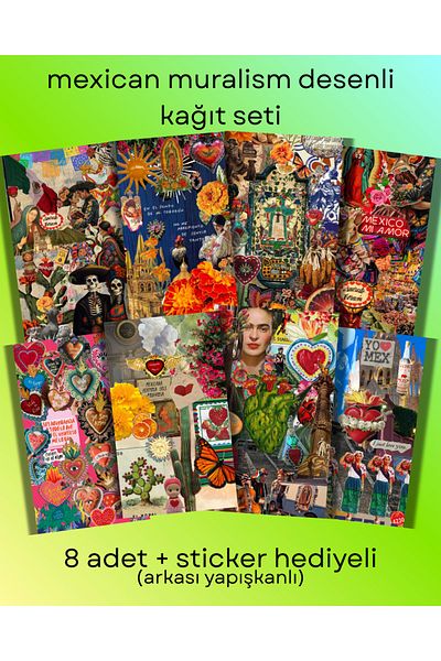 merccuri crafts Mexican Set of 8 Patterned Paper (Back Adhesive) - Sticker, Label for Journaling, Scrapbooking