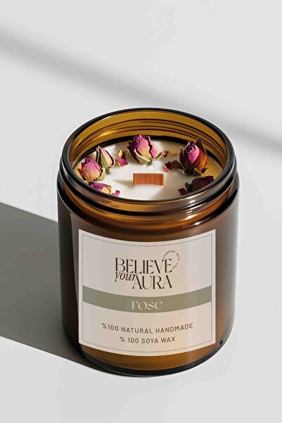 Believe Your Aura Gül Dekorlu Doğal Soya Mumu - Gül Kokulu Ahşap Fitilli Arom...