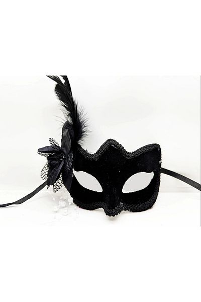 PRATİKOBA Black color with side feathers white pearls suede finish a quality luxury party mask 20x23 cm