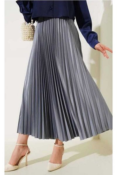 aytenli Leather Look Pleated Skirt Standard Size Elastic Waist Plaster Fabric Light Shiny Skirt