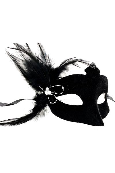 PRATİKOBA Black Color Side Feather Suede Covered White Pearl Party Mask 18X15 cm