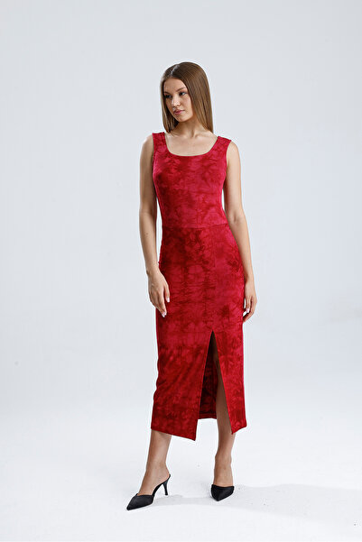 Sense Sleeveless Square Necklace Knitted Viscosse Dress |   Elb36253 Burgundy Batik