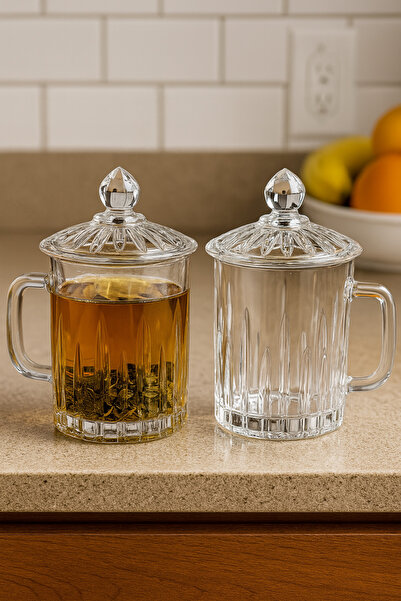 teknotrust 2'li Kapaklı Cam Bitki Çayı Kupası, 385 ml, Beyaz, şık ve kullanış...