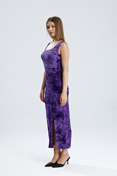 Sense Sleeveless Square Necklace Knitted Viscosse Dress |   Elb36253 Purple Tie Dye